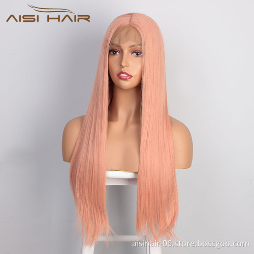 Aisi Hair Cosplay Long Silky Straight Pink Wig Natural Straight Swiss Lace Wig Middle Part Lace Frontal Wigs For Black Women